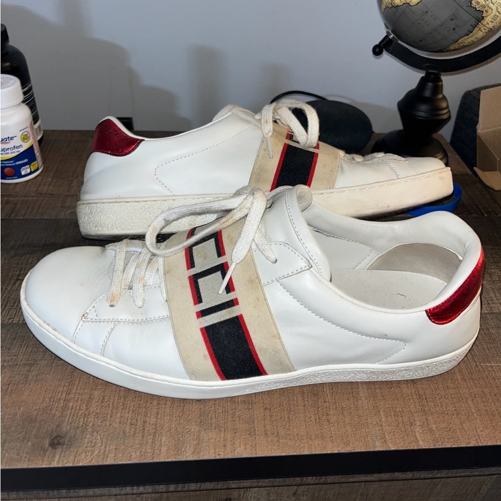 Gucci Ace Stripe Logo White Leather Low Sneakers